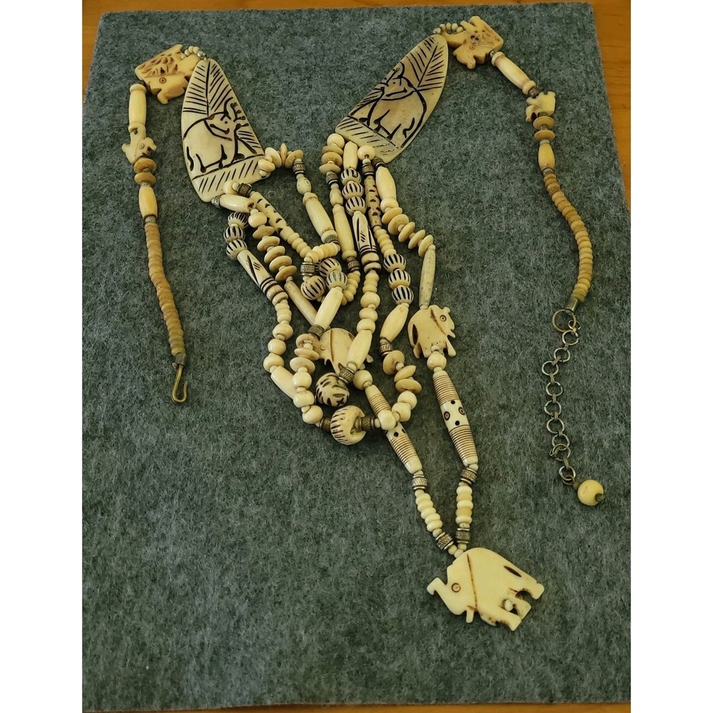 Vintage Kenyan Bovine Bone Elephant Statement Necklace 28" Tribal 1970s